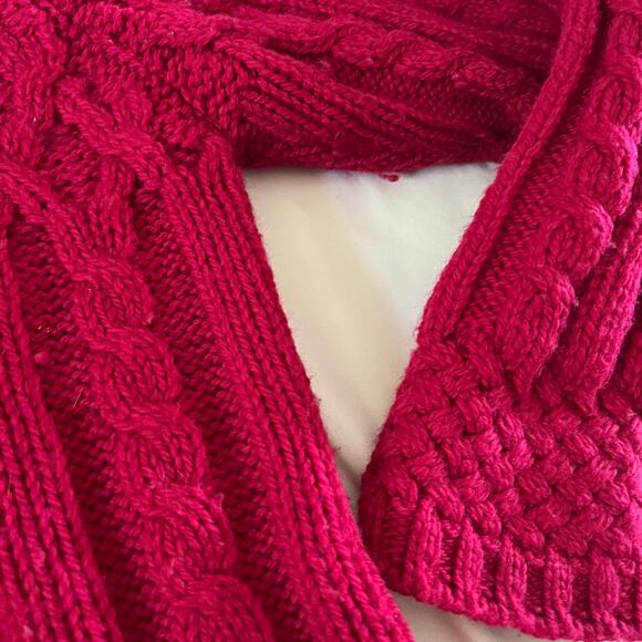 Aran Crafts Merino Wool Berry Red Cable Knit Zip Sweater Size L Irish - Picture 3 of 6